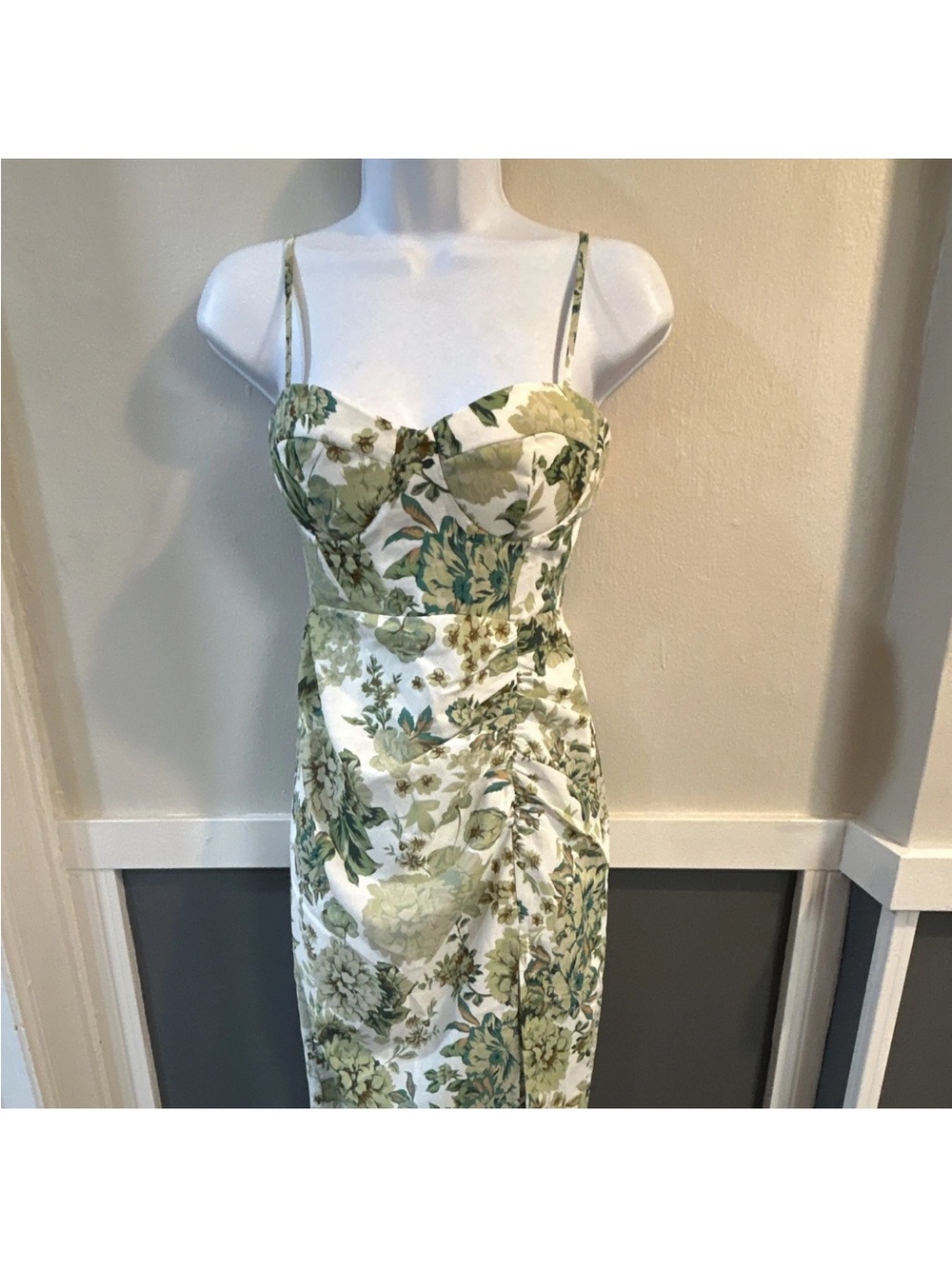 Floral Spaghetti-Strap Midi Dress in Green and Cream